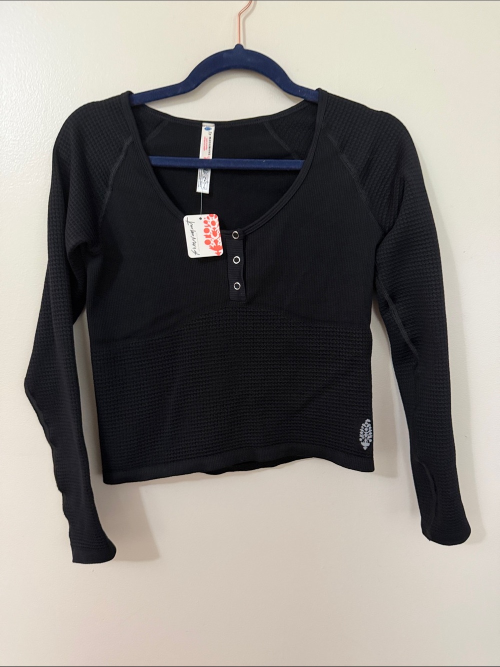 Free People Black Waffle Henley Long Sleeve Top- with partial open back